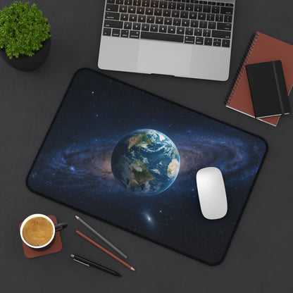 Earth in Galaxy desk mat by Printify featuring a space-themed planet Earth design on a smooth mousepad surface.