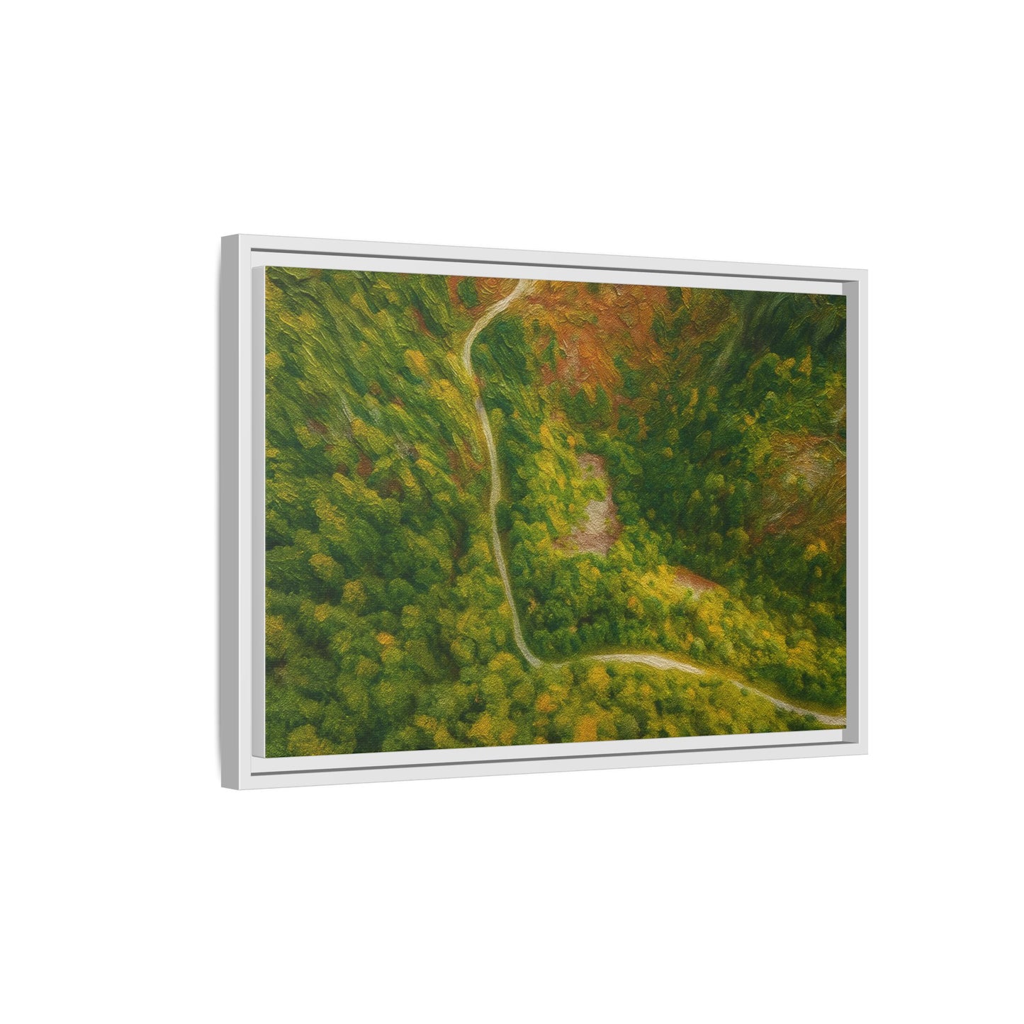 Colorful framed matte canvas wall art featuring a forest path aerial landscape, ideal for nature-inspired home decor.