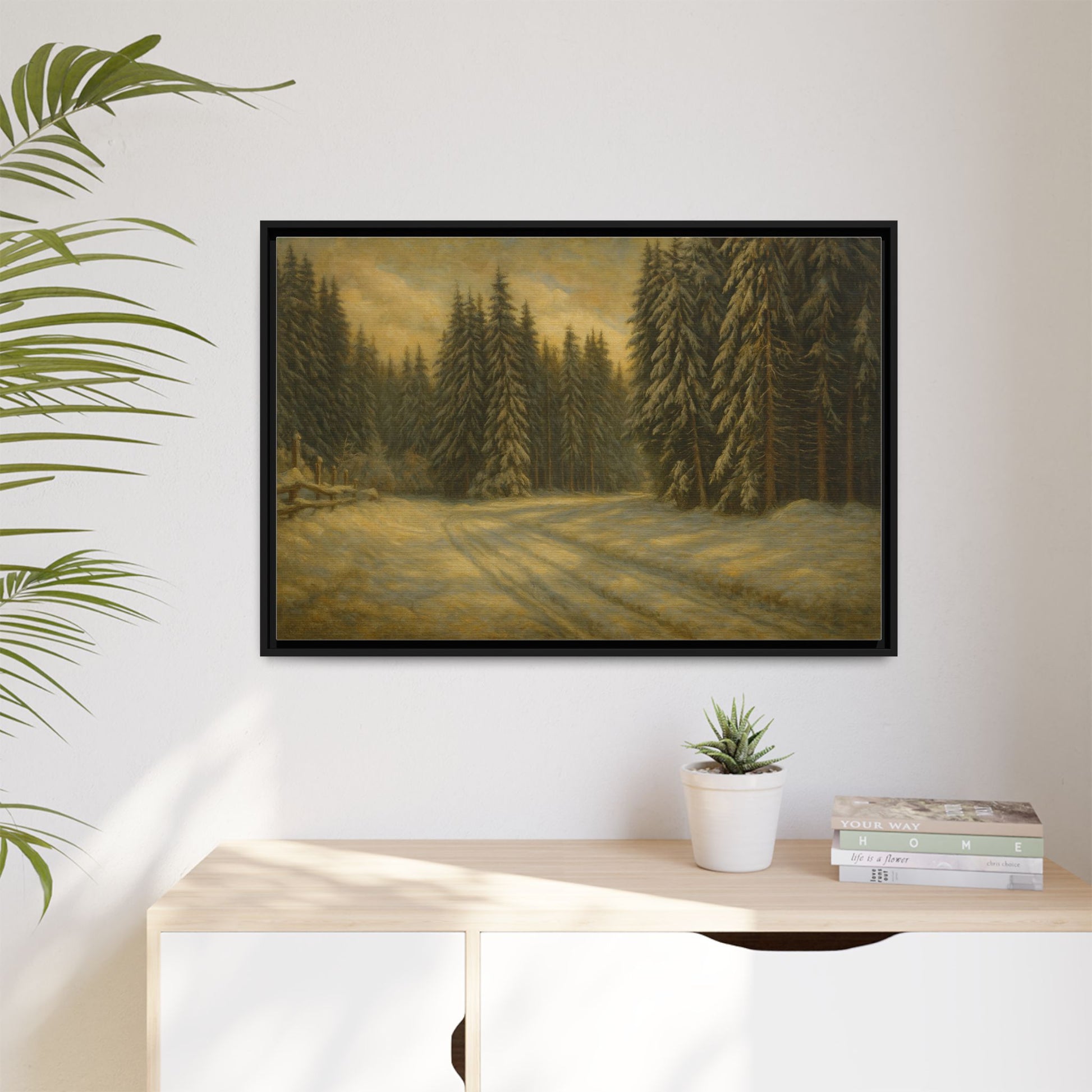Framed matte canvas wall art featuring a winter forest landscape with trees and snow, by Printify.