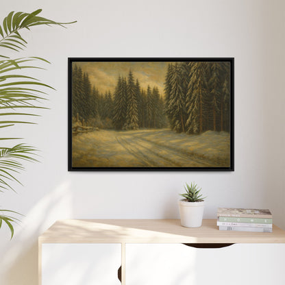Framed matte canvas wall art featuring a winter forest landscape with trees and snow, by Printify.