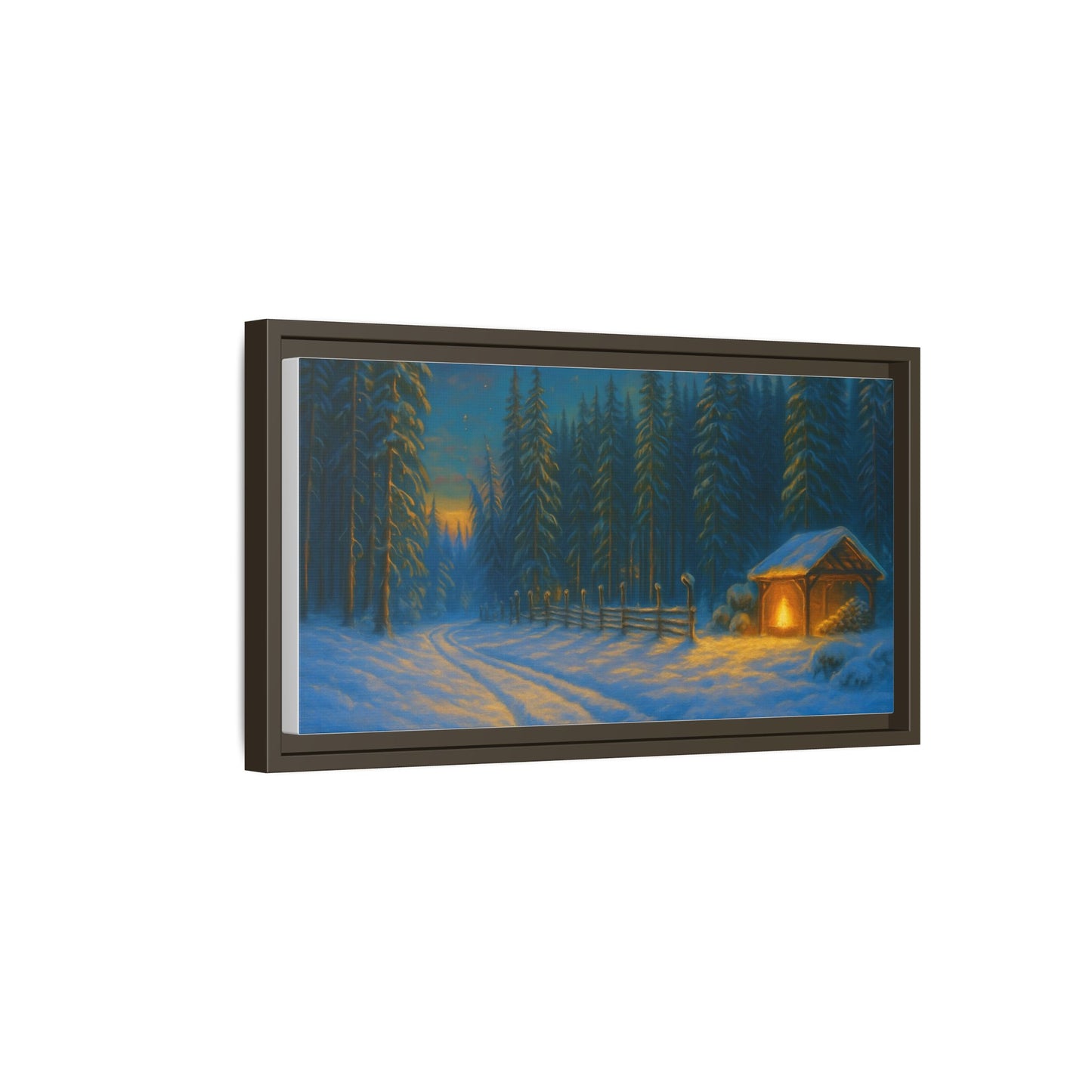 Cozy winter cabin matte framed canvas wall art featuring a snowy forest scene during evening, ideal for rustic home decor.