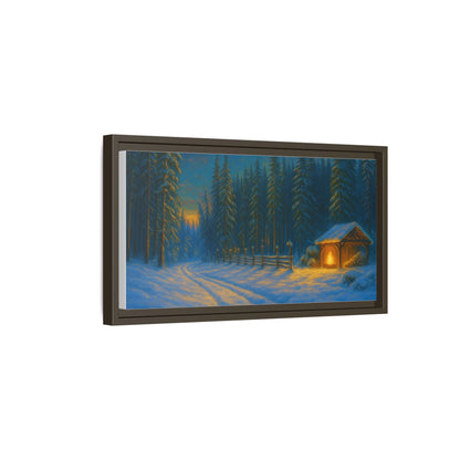 Cozy winter cabin matte framed canvas wall art featuring a snowy forest scene during evening, ideal for rustic home decor.