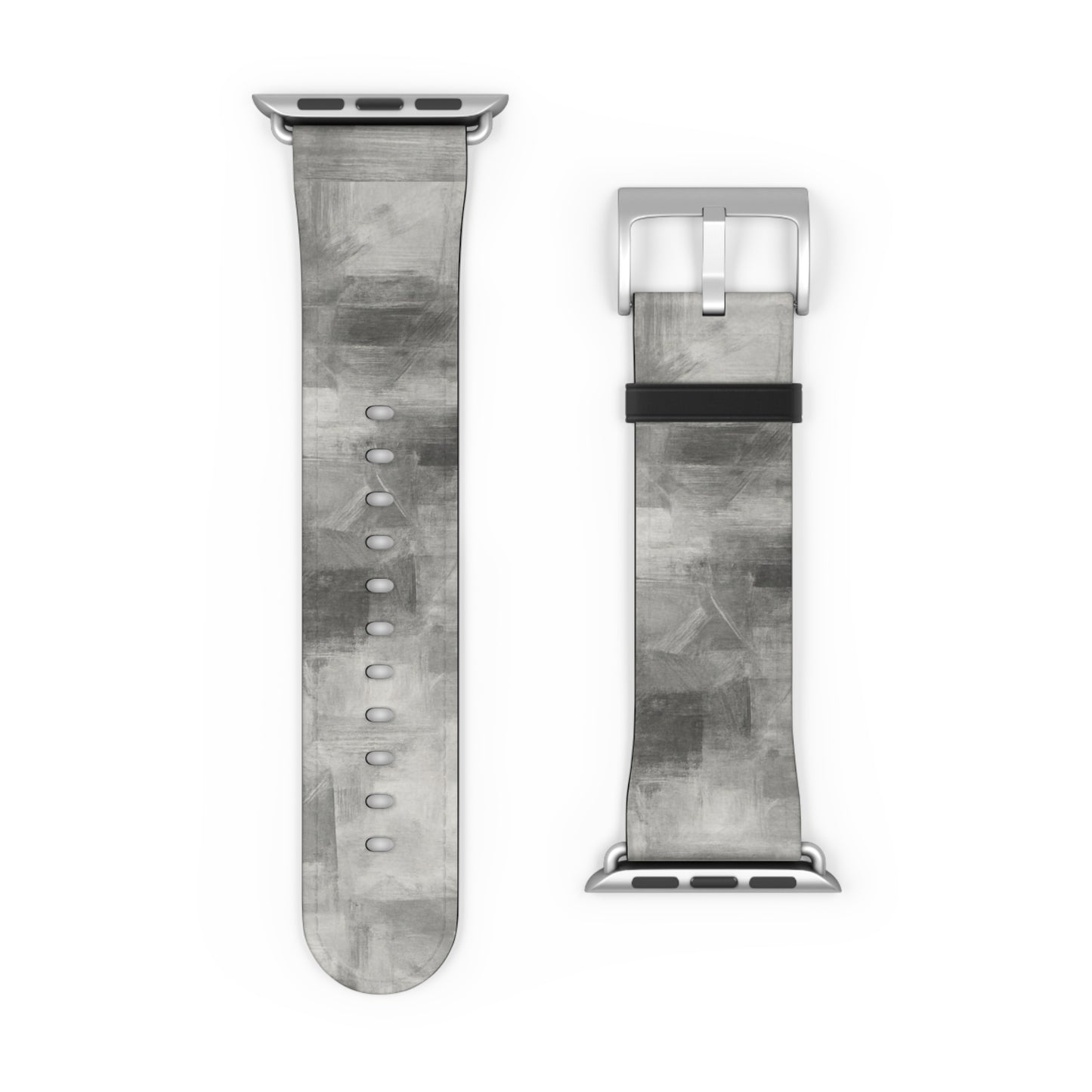 Gray watercolor camouflage Apple Watch band with neutral abstract design, made by Printify, shown on a smartwatch.