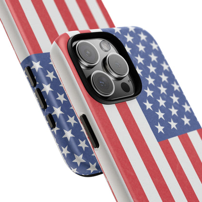 American flag tough phone case for iPhone with durable, patriotic design from Printify, showing the flag pattern on a protective cover.