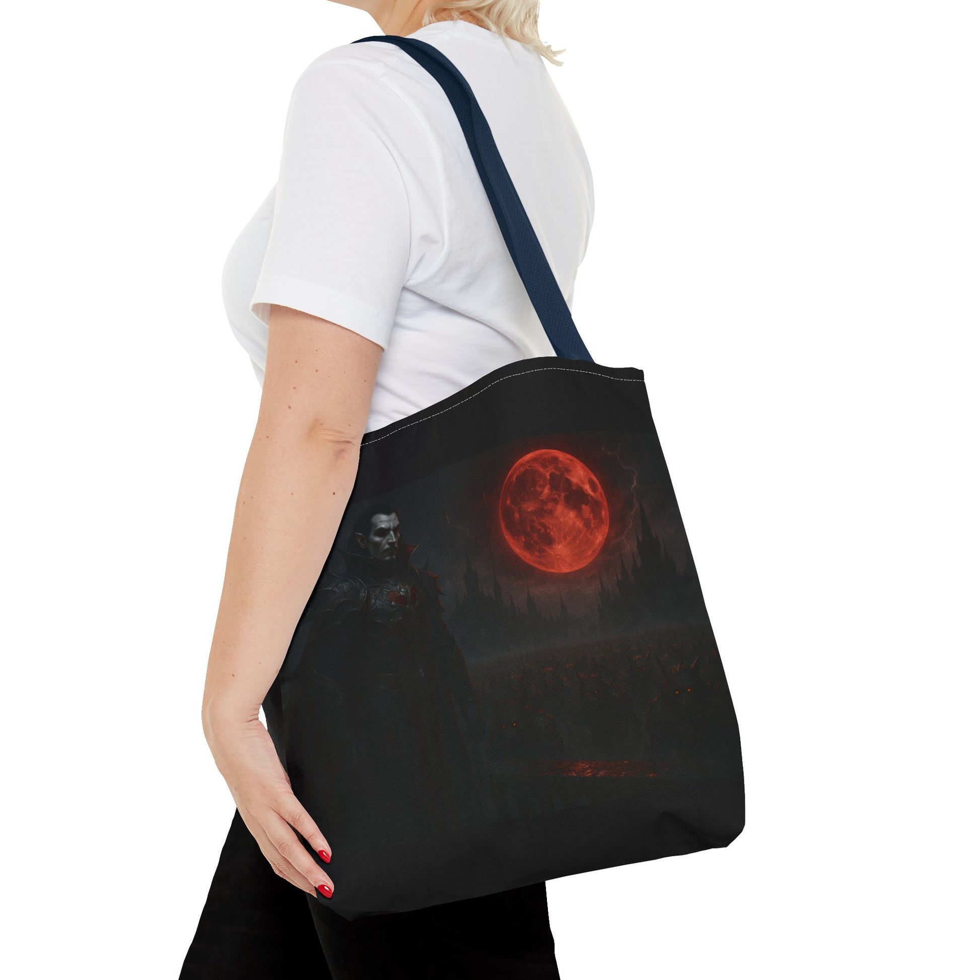 Gothic Dracula tote bag featuring moonlit vampire artwork, ideal for Halloween or gothic fashion accessories.