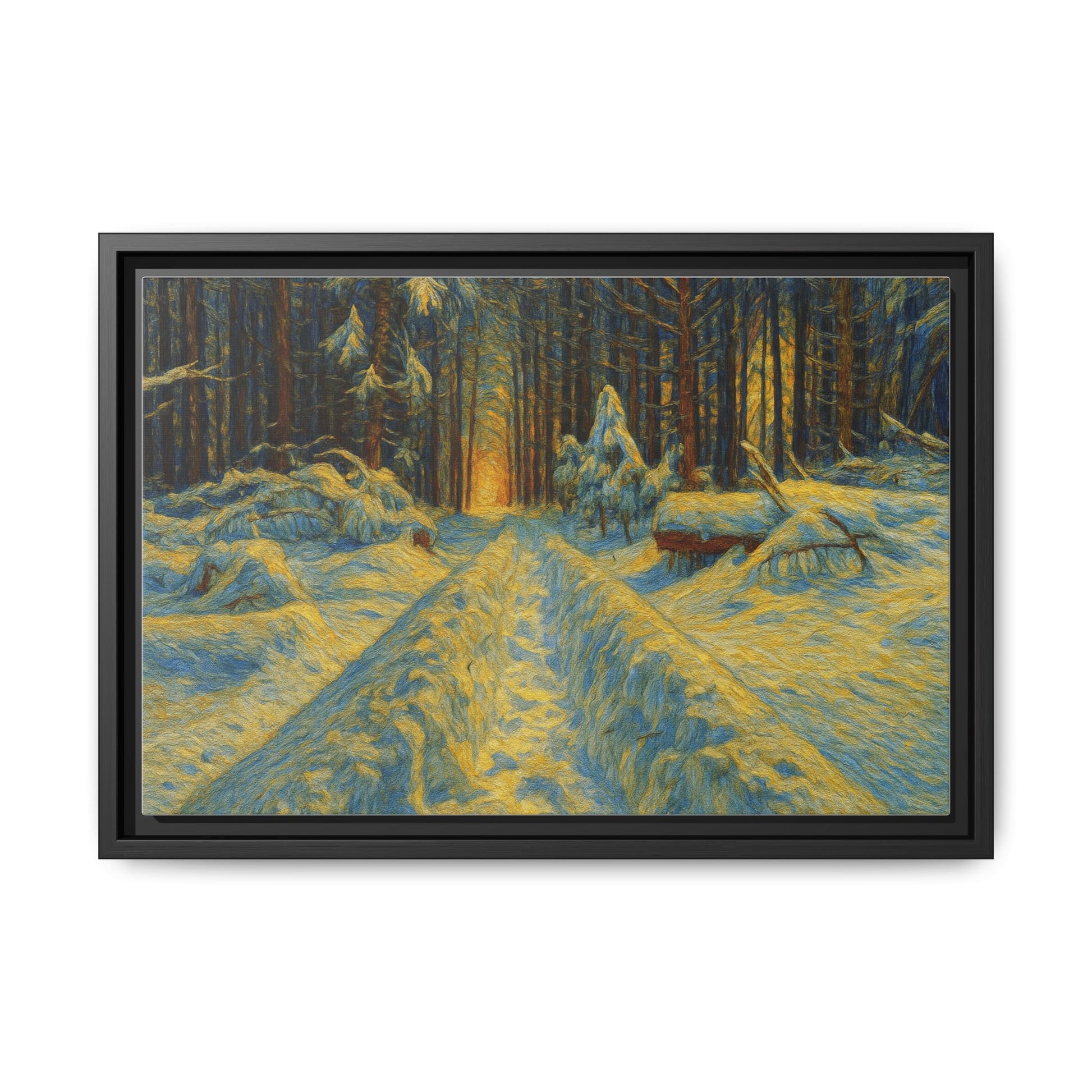 Framed matte canvas print of a snowy forest path at sunset, wall art by Printify showcasing winter landscape and natural beauty.