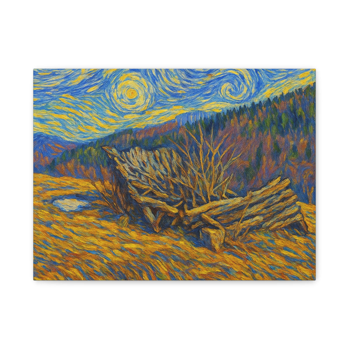 Impressionist Starry Landscape canvas print by Printify featuring a vibrant night sky scene with stars and textured brushstrokes.