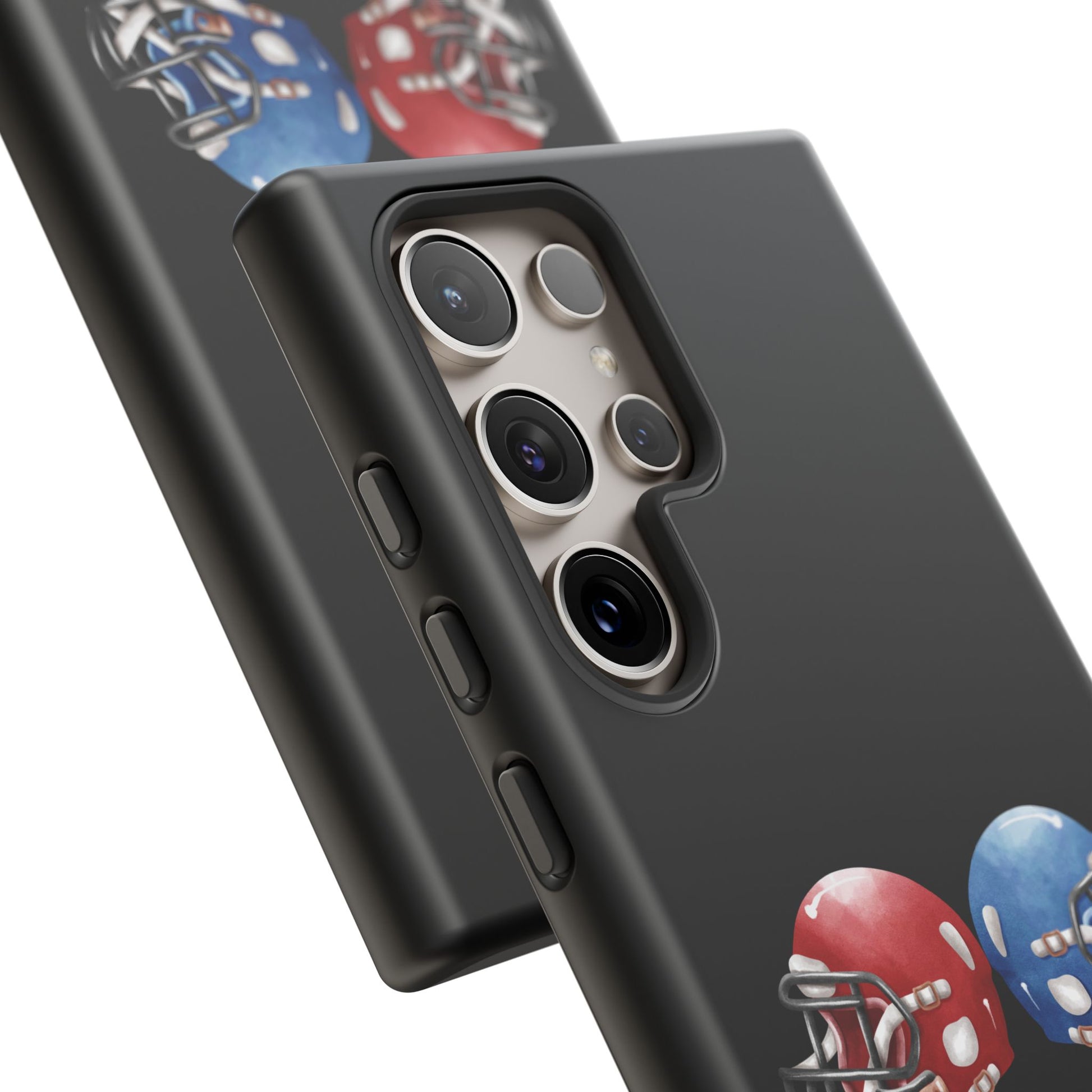 Red and blue football helmet tough phone case for iPhone, protective Printify cover with realistic helmet design.