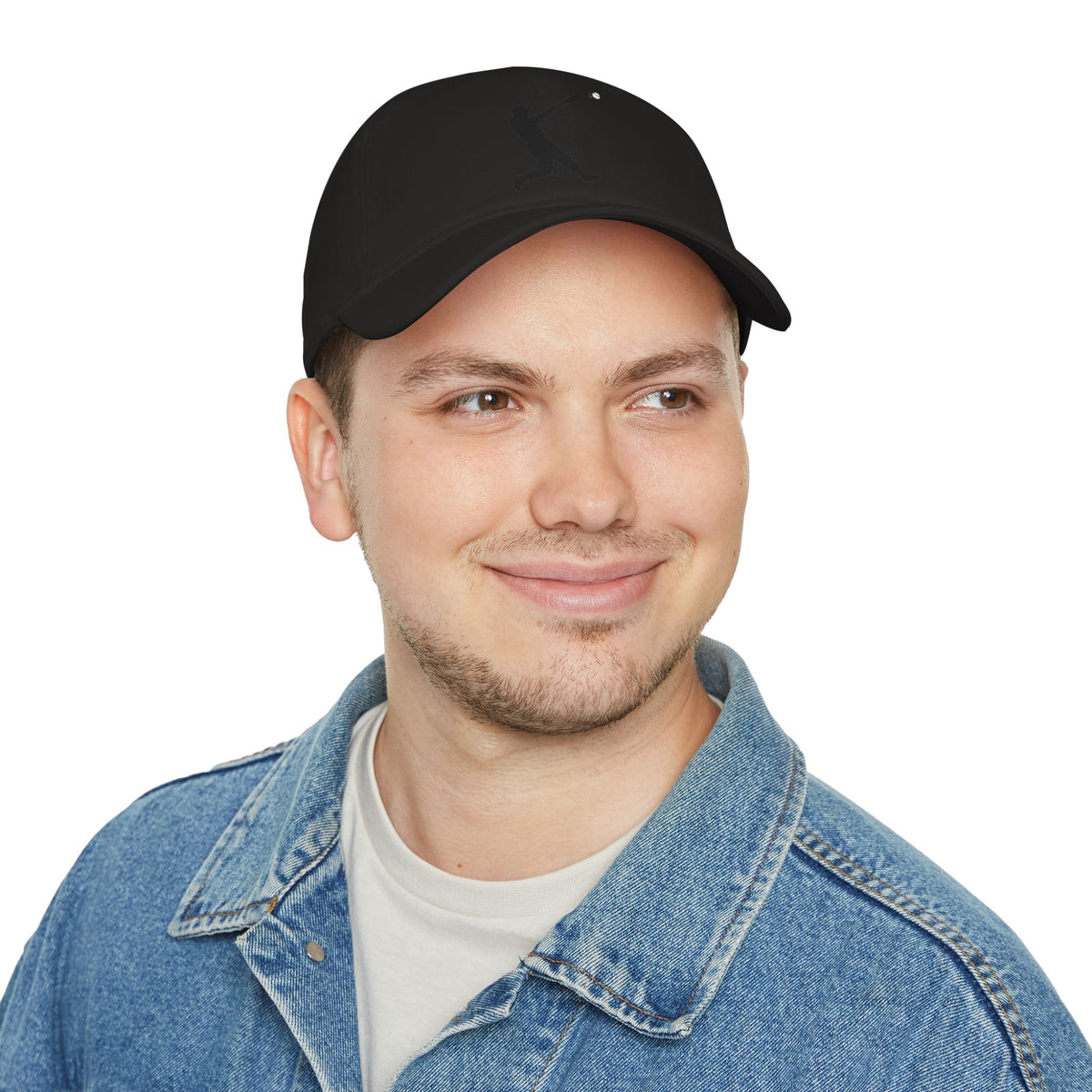 Silhouette Batter baseball cap by Printify, showing a navy blue hat with a white batter silhouette graphic on the front.