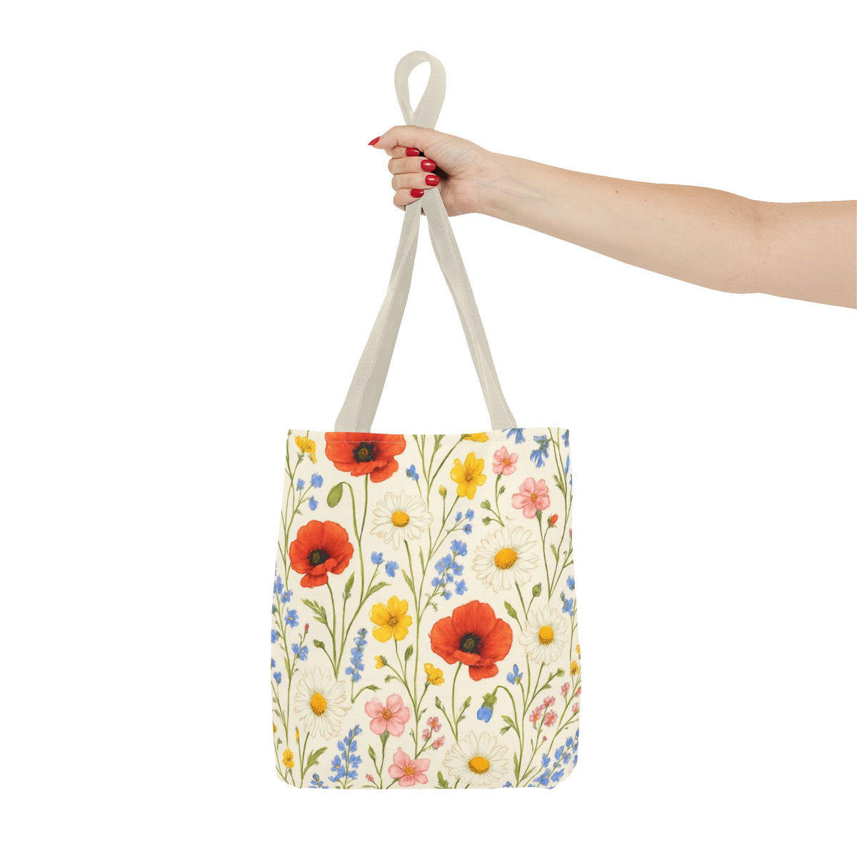 Wildflower Poppy print tote bag featuring a colorful floral all-over pattern by Printify, perfect for everyday use.