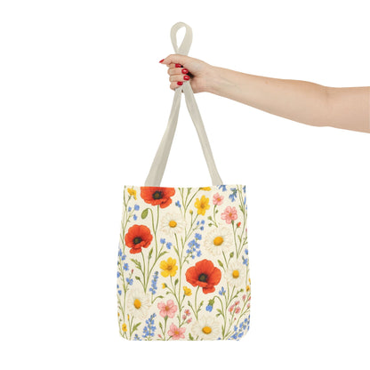 Wildflower Poppy print tote bag featuring a colorful floral all-over pattern by Printify, perfect for everyday use.