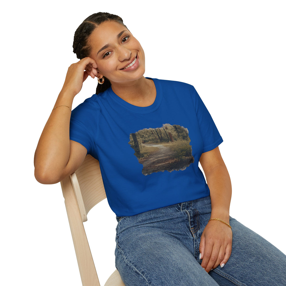 Vintage forest landscape T-shirt by Printify featuring a nature pathway scene on a casual cotton tee.