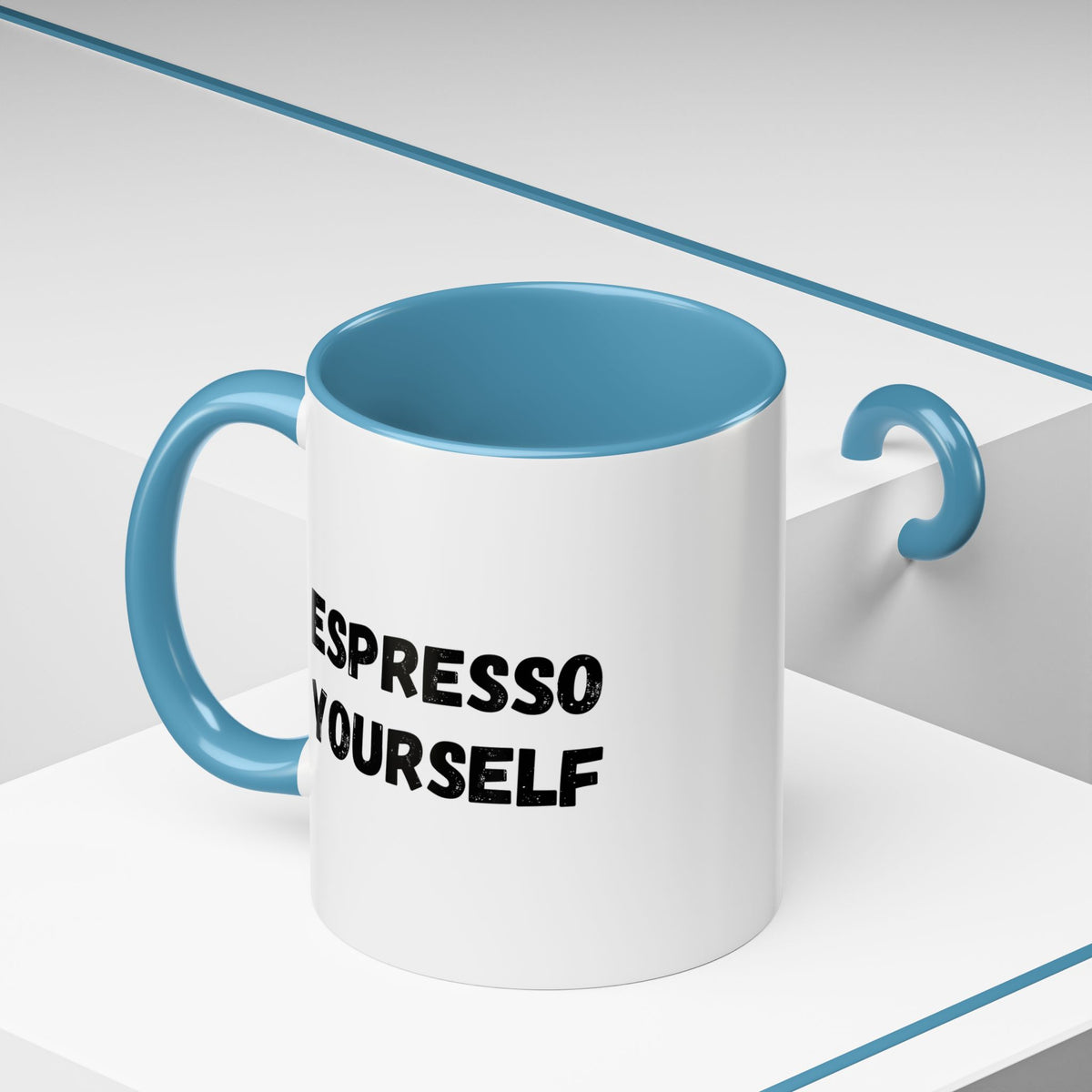 White ceramic espresso mug with "Espresso Yourself" quote and coffee cup graphic, 11 oz size, by Printify.