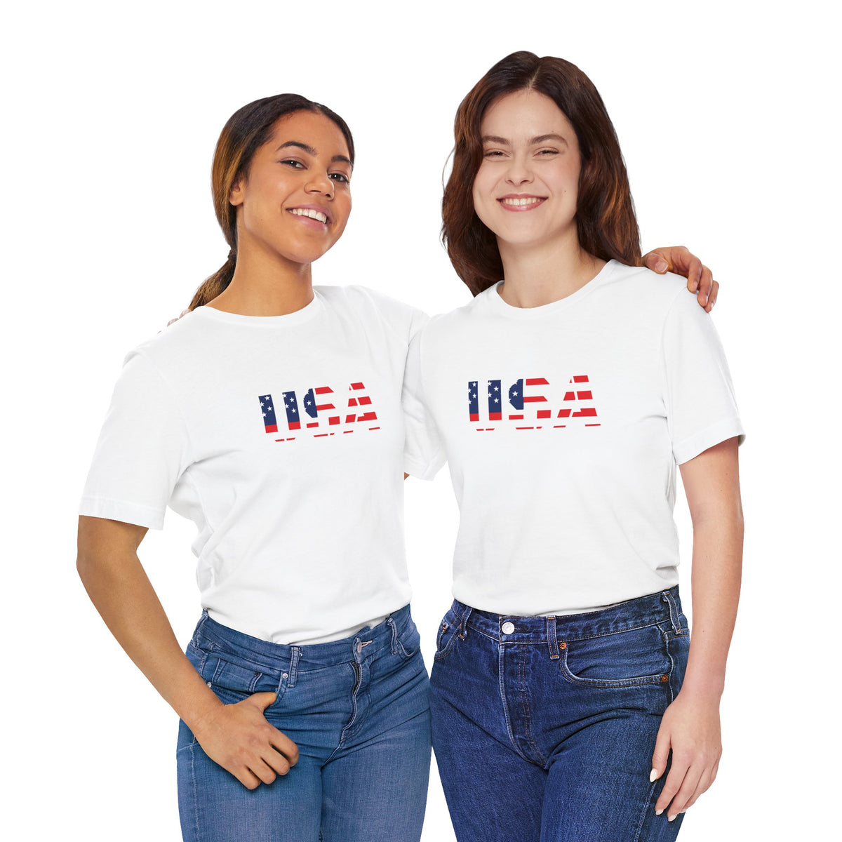 USA flag text T-shirt by Printify featuring patriotic red, white, and blue design ideal for Fourth of July celebrations.