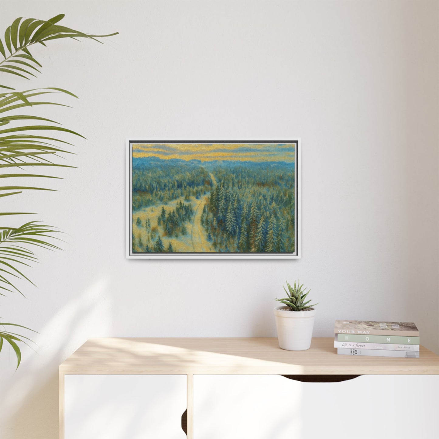 Framed matte canvas print of a serene winter forest landscape, showcasing detailed trees and snowy scenery by Printify.