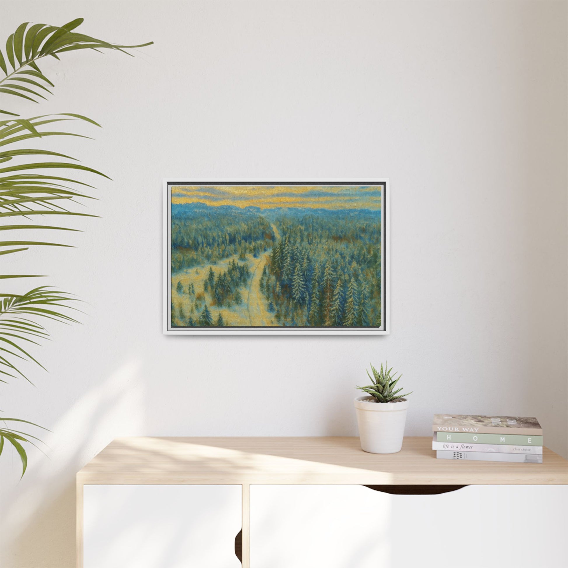 Framed matte canvas print of a serene winter forest landscape, showcasing detailed trees and snowy scenery by Printify.