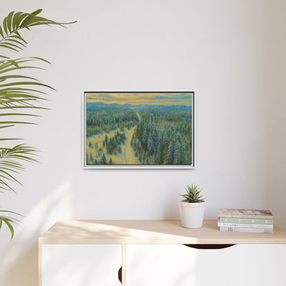 Framed matte canvas print of a serene winter forest landscape, showcasing detailed trees and snowy scenery by Printify.