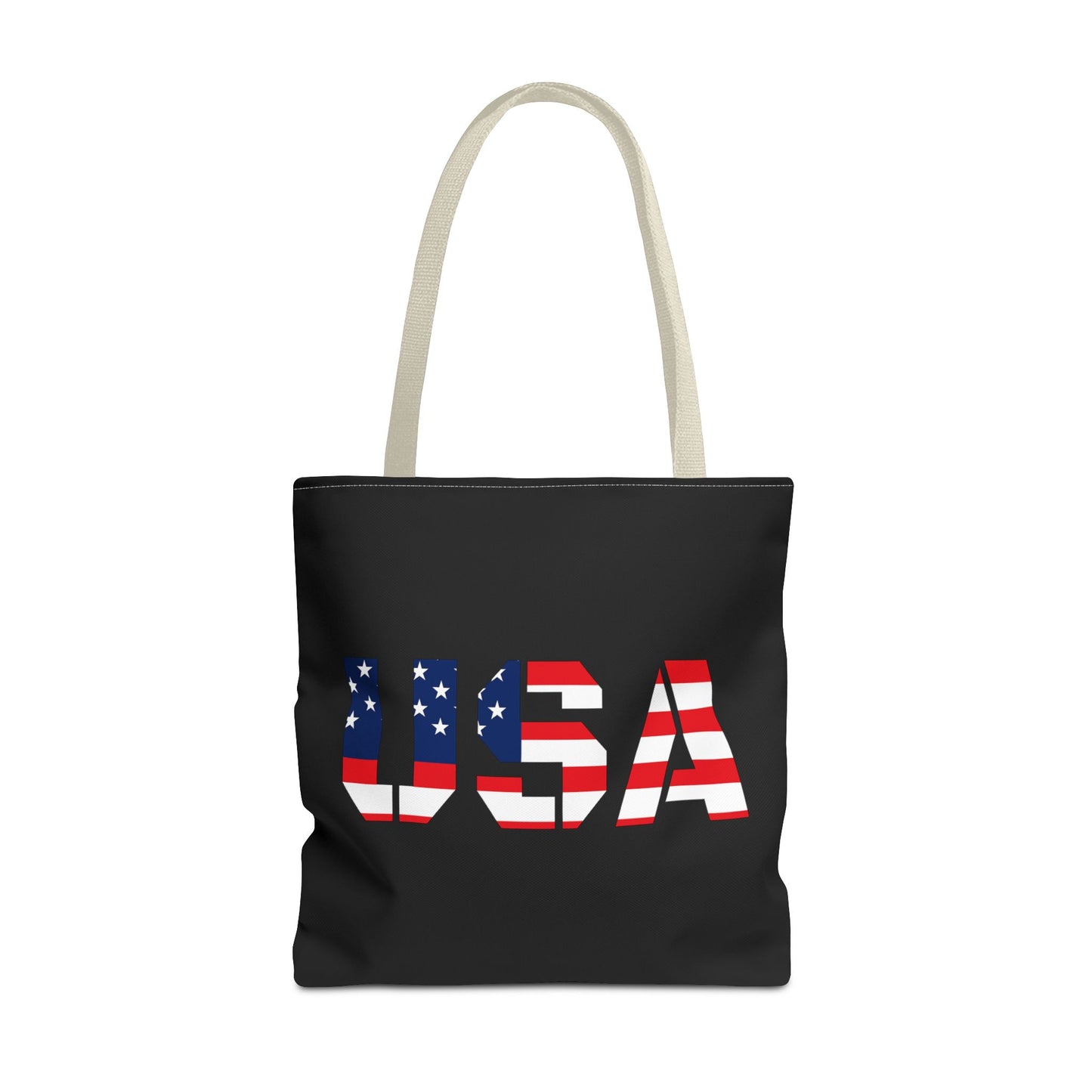 Red, white, and blue patriotic USA flag tote bag by Printify, reusable summer carryall for 4th of July celebrations.