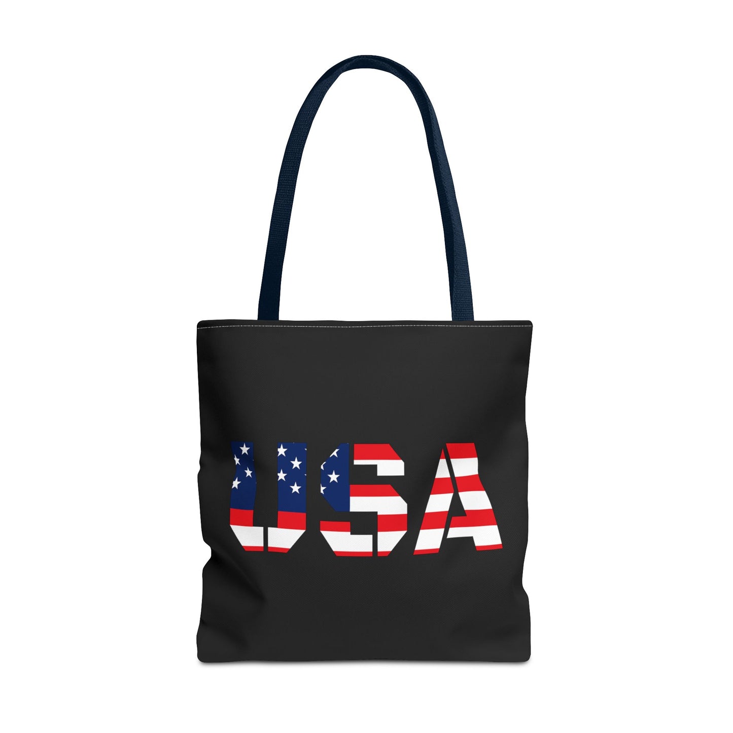 USA flag tote bag by Printify, reusable summer carryall with patriotic red, white, and blue design for 4th of July celebrations.