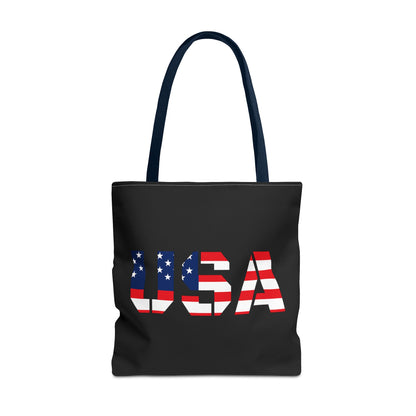 USA flag tote bag by Printify, reusable summer carryall with patriotic red, white, and blue design for 4th of July celebrations.