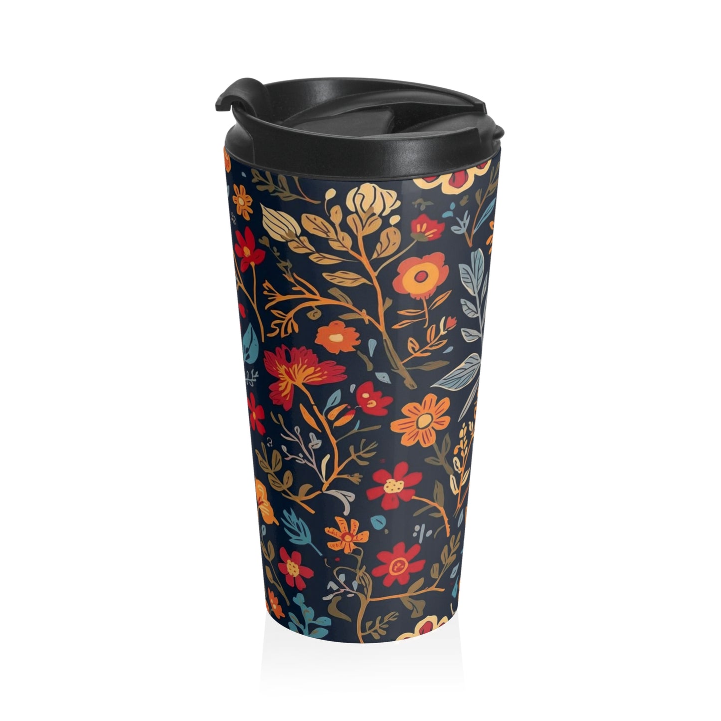 Floral Nightfall stainless steel travel mug with autumn wildflower design, insulated tumbler for hot and cold beverages