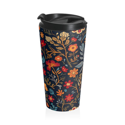 Floral Nightfall stainless steel travel mug with autumn wildflower design, insulated tumbler for hot and cold beverages