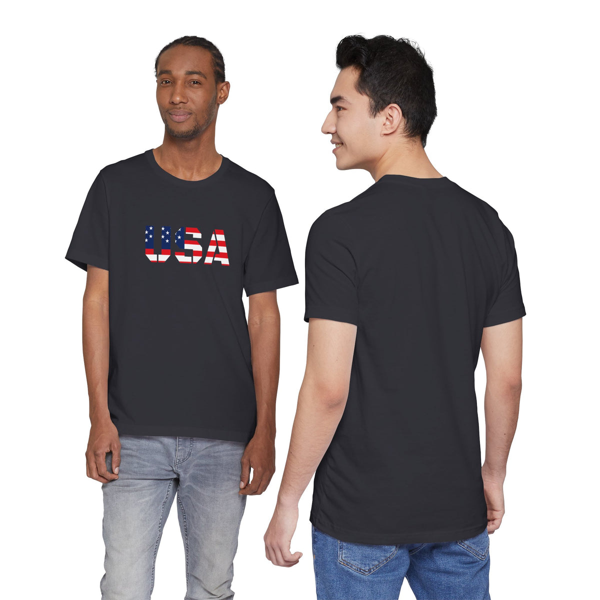 USA Flag Text T-shirt by Printify featuring patriotic red, white, and blue design for Fourth of July celebrations.