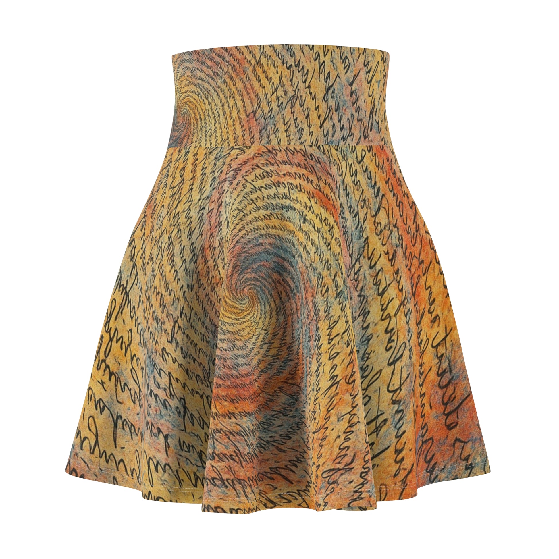 Colorful spiral print skater skirt with boho design, made by Printify, featuring vibrant all-over print perfect for festival fashion.