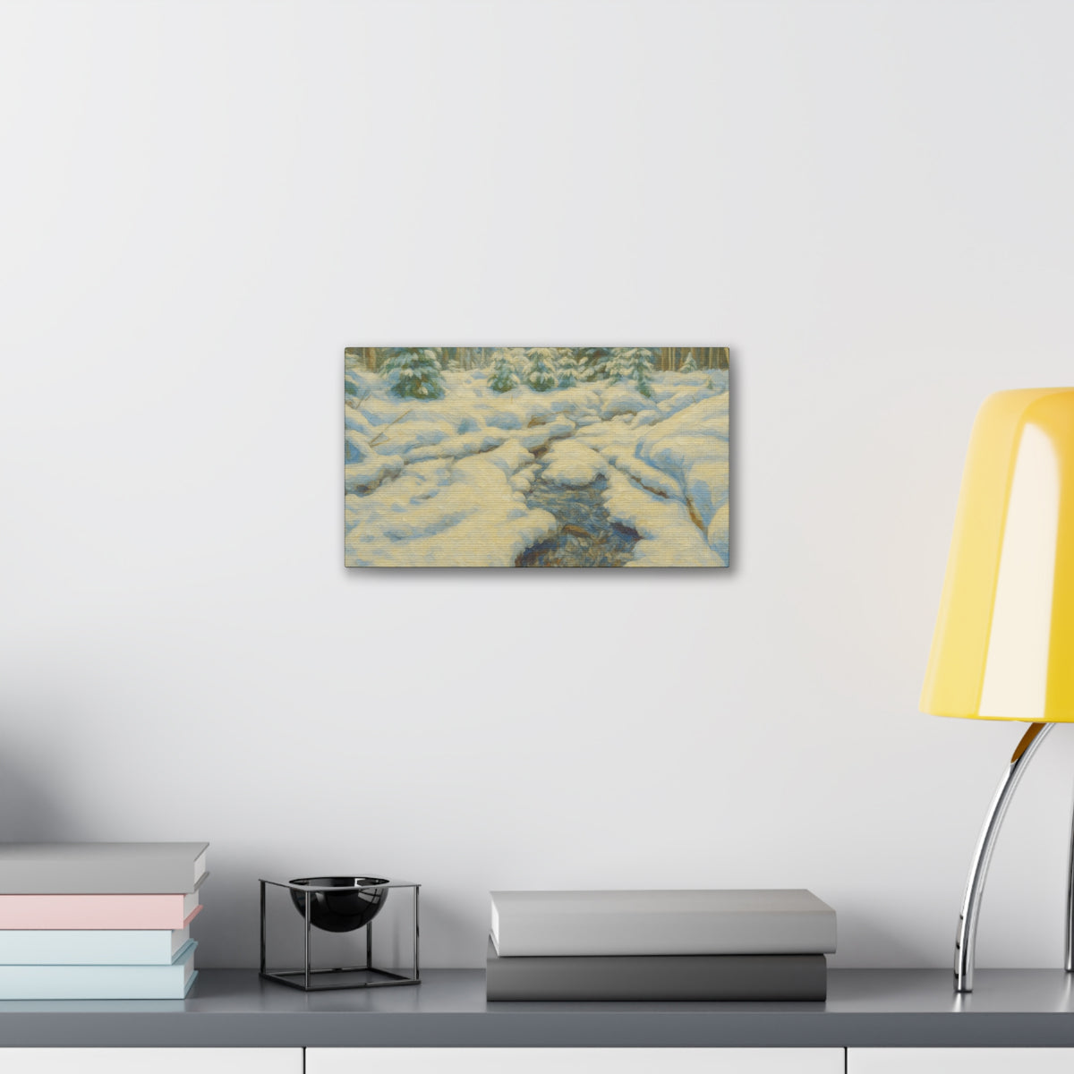 Snowy forest stream winter landscape canvas wall art by Printify, featuring a tranquil snow-covered forest scene.