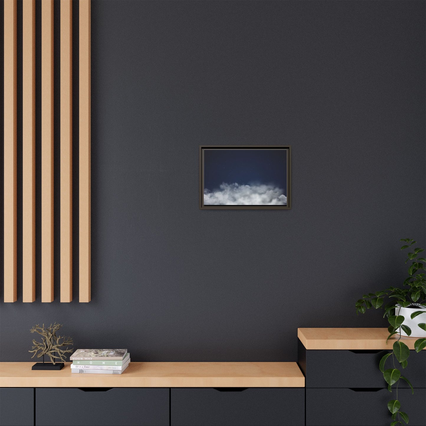 Framed night sky clouds canvas wall art featuring starry sky design by Printify, ideal for bedroom or living room decor.