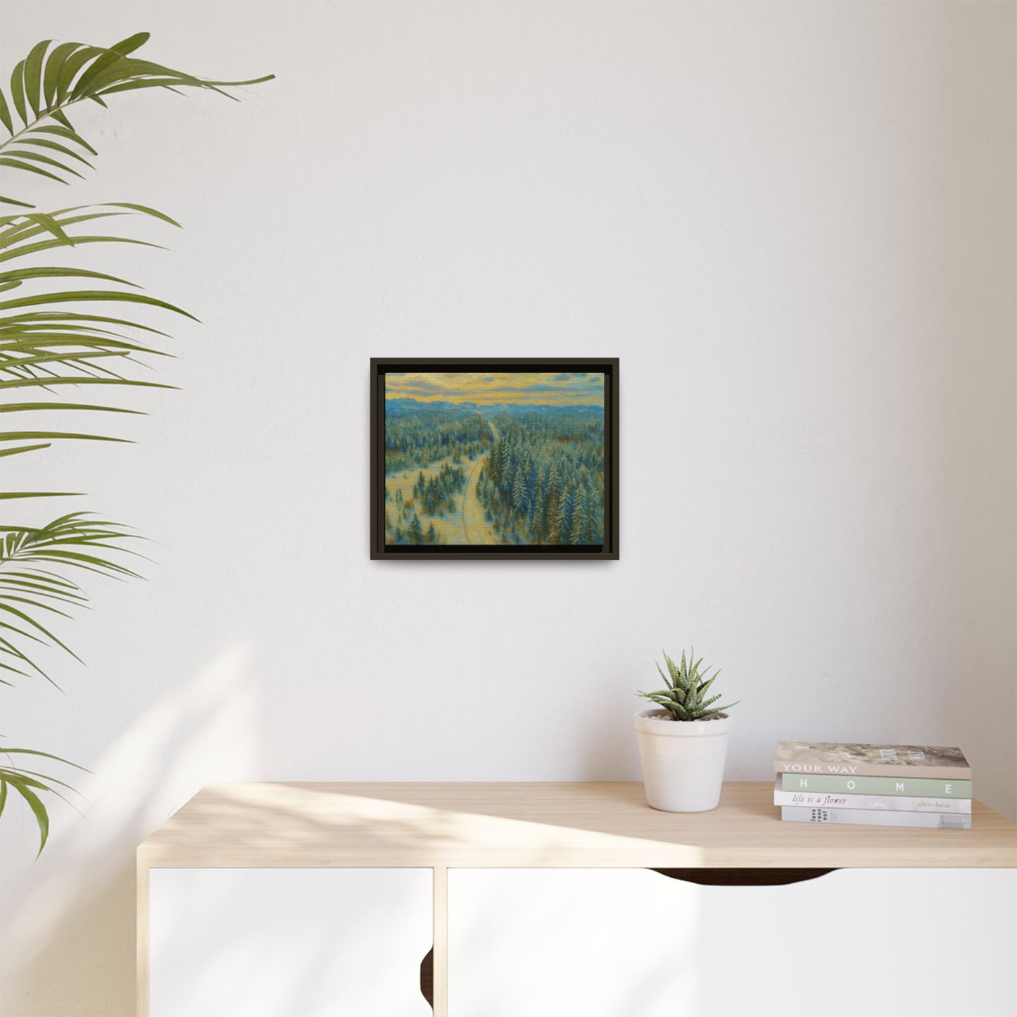 Framed matte canvas print of a serene winter forest landscape, showcasing snow-covered trees and peaceful winter scenery.