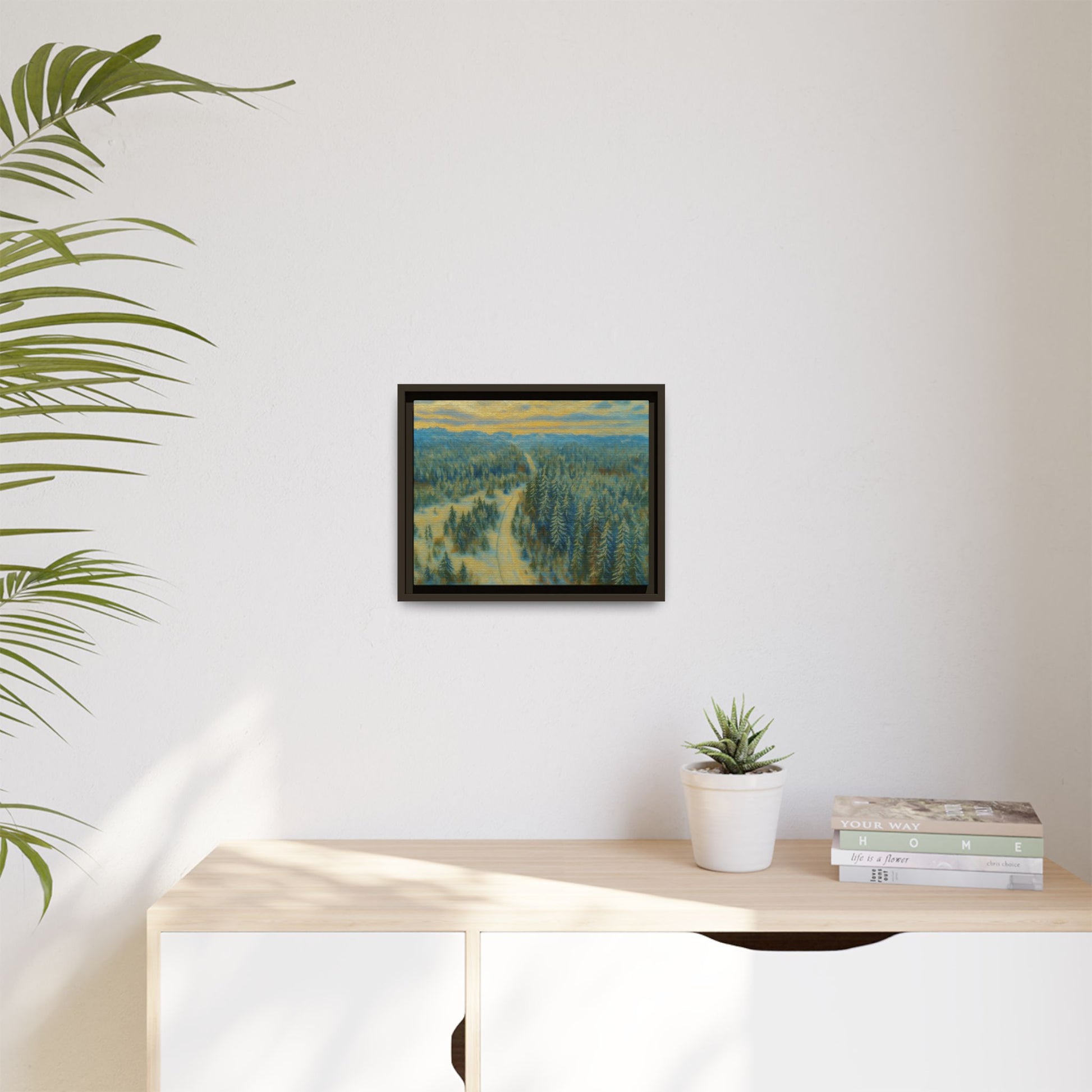 Framed matte canvas print of a serene winter forest landscape, showcasing snow-covered trees and peaceful winter scenery.
