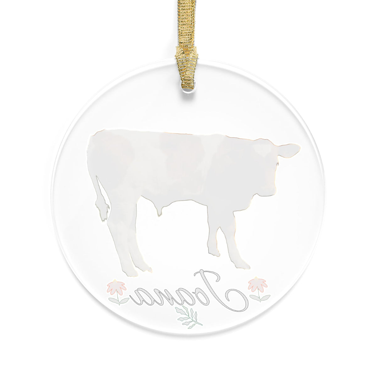 Personalized cow acrylic ornament with custom name, farm animal Christmas decoration, made by Printify.