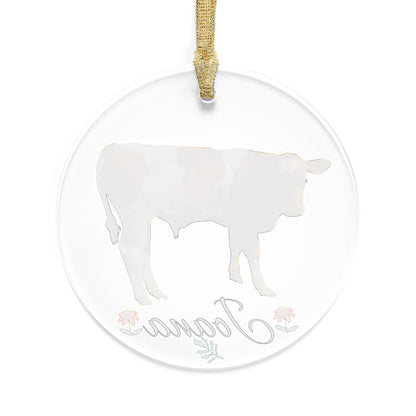 Personalized cow acrylic ornament with custom name, farm animal Christmas decoration, made by Printify.