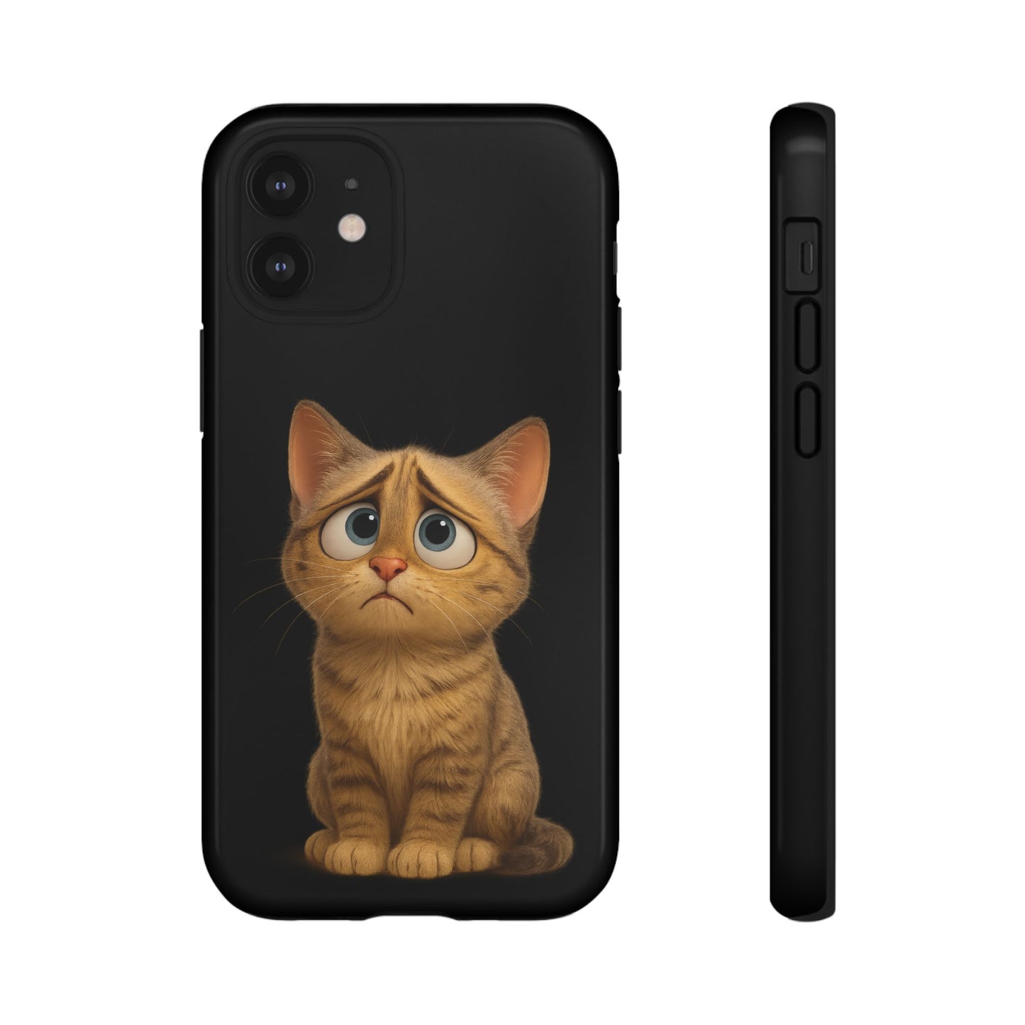 Cute sad kitty print phone case for iPhone, protective cat-shaped case by Printify featuring a sad cat design.
