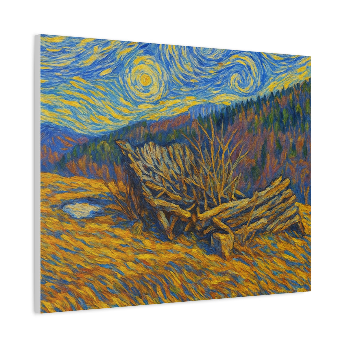 Impressionist Starry Landscape canvas print by Printify showing a vibrant night sky with stars over a scenic landscape.