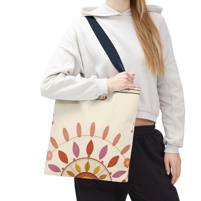 Boho floral mandala tote bag by Printify with pastel sunburst pattern, featuring colorful floral and geometric designs on fabric.