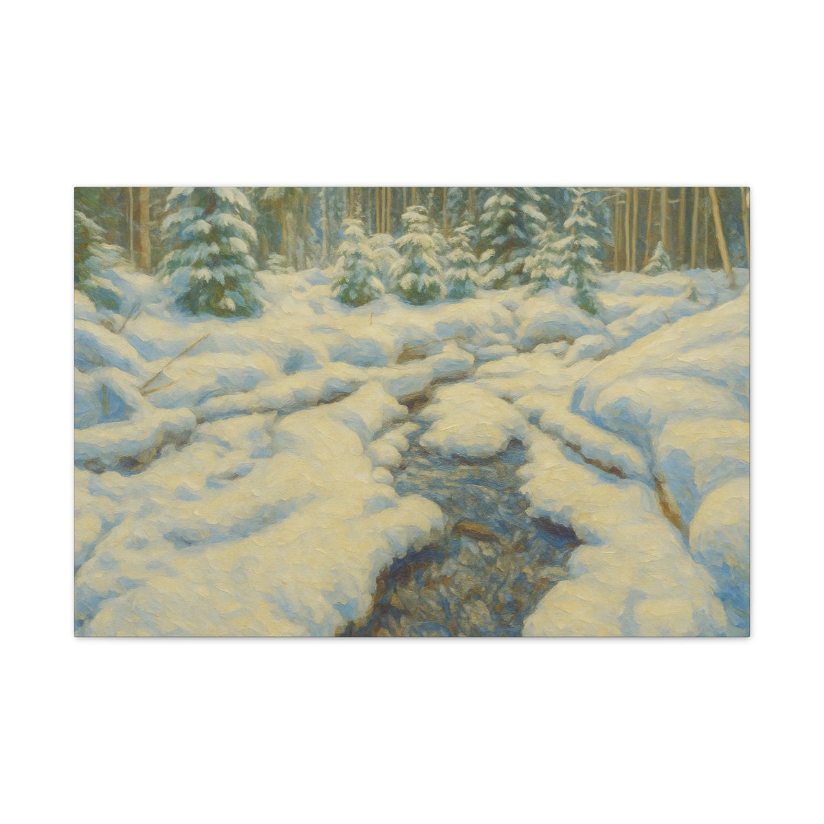 Snowy forest stream winter landscape canvas wall art by Printify showing a serene snow-covered forest scene on stretched canvas