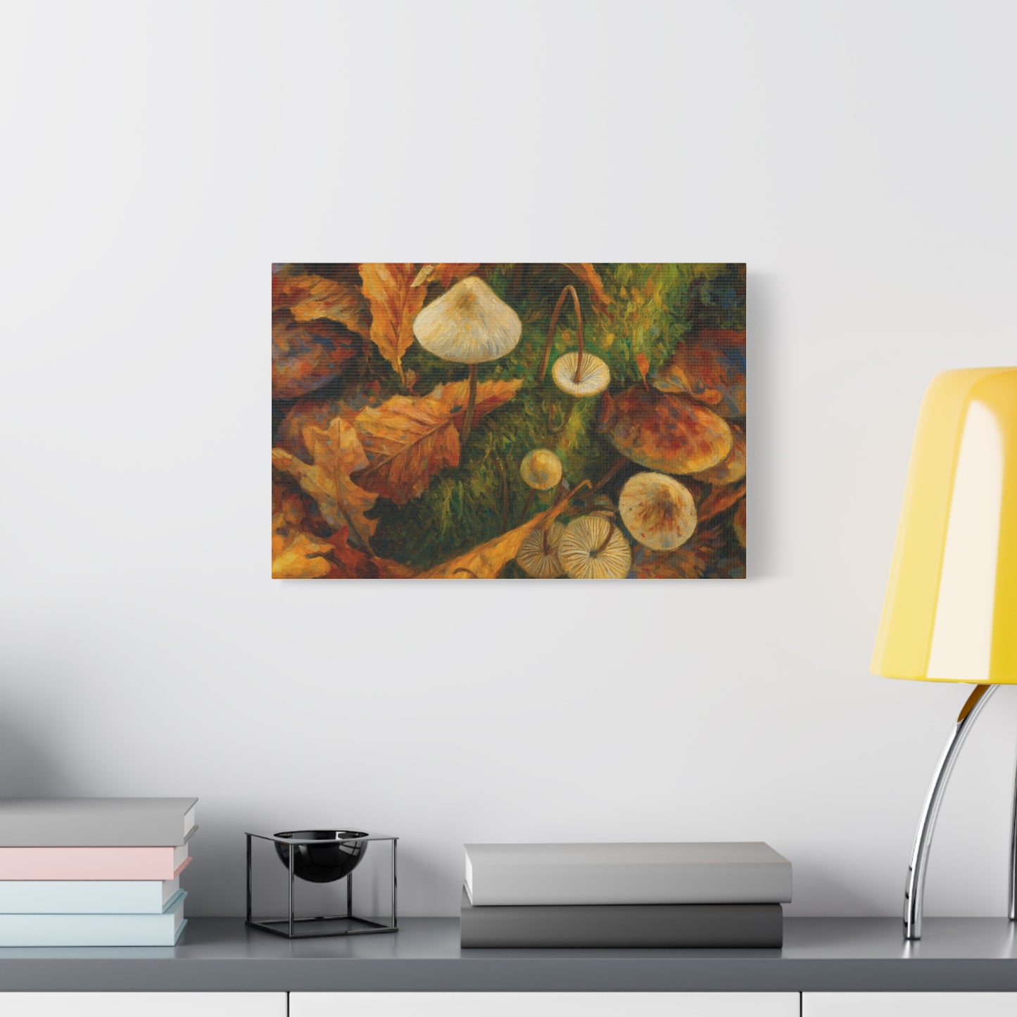 Autumn Mushrooms canvas print featuring colorful mushrooms and fall foliage, ideal for nature-inspired home decor.