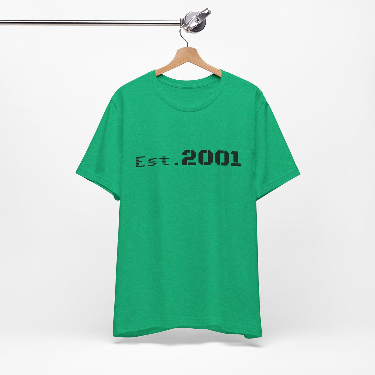Retro minimalist Est. 2001 graphic T-shirt by Printify, featuring a simple birthyear design on a casual T-shirt.
