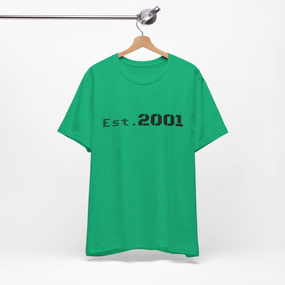 Retro minimalist Est. 2001 graphic T-shirt by Printify, featuring a simple birthyear design on a casual T-shirt.