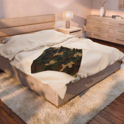 Camouflage velveteen plush blanket with all-over camo print, perfect for camping, hunting, or cozy home use by Printify.