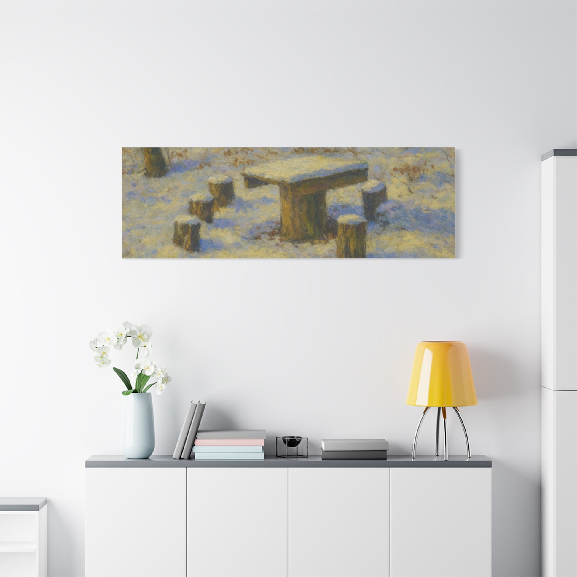 Snowy forest winter landscape canvas wall art, matte stretched print featuring snow-covered trees and a peaceful winter scene.