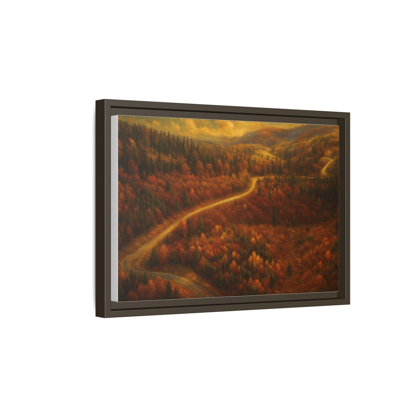 Framed matte canvas print of autumn forest road landscape wall art by Printify, showcasing vibrant fall foliage and scenic nature scene.