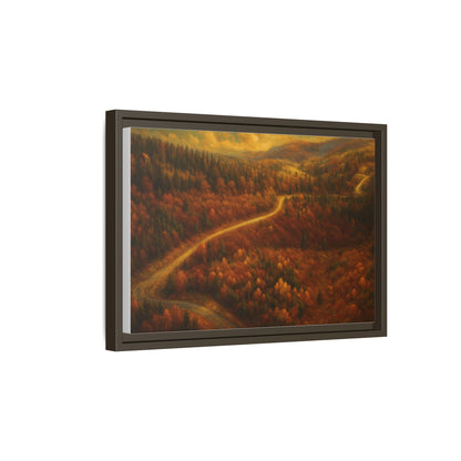 Framed matte canvas print of autumn forest road landscape wall art by Printify, showcasing vibrant fall foliage and scenic nature scene.