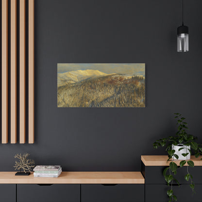Winter mountain landscape matte canvas print by Printify, stretched 1.25 inches, showcasing snowy peaks and rugged terrain.