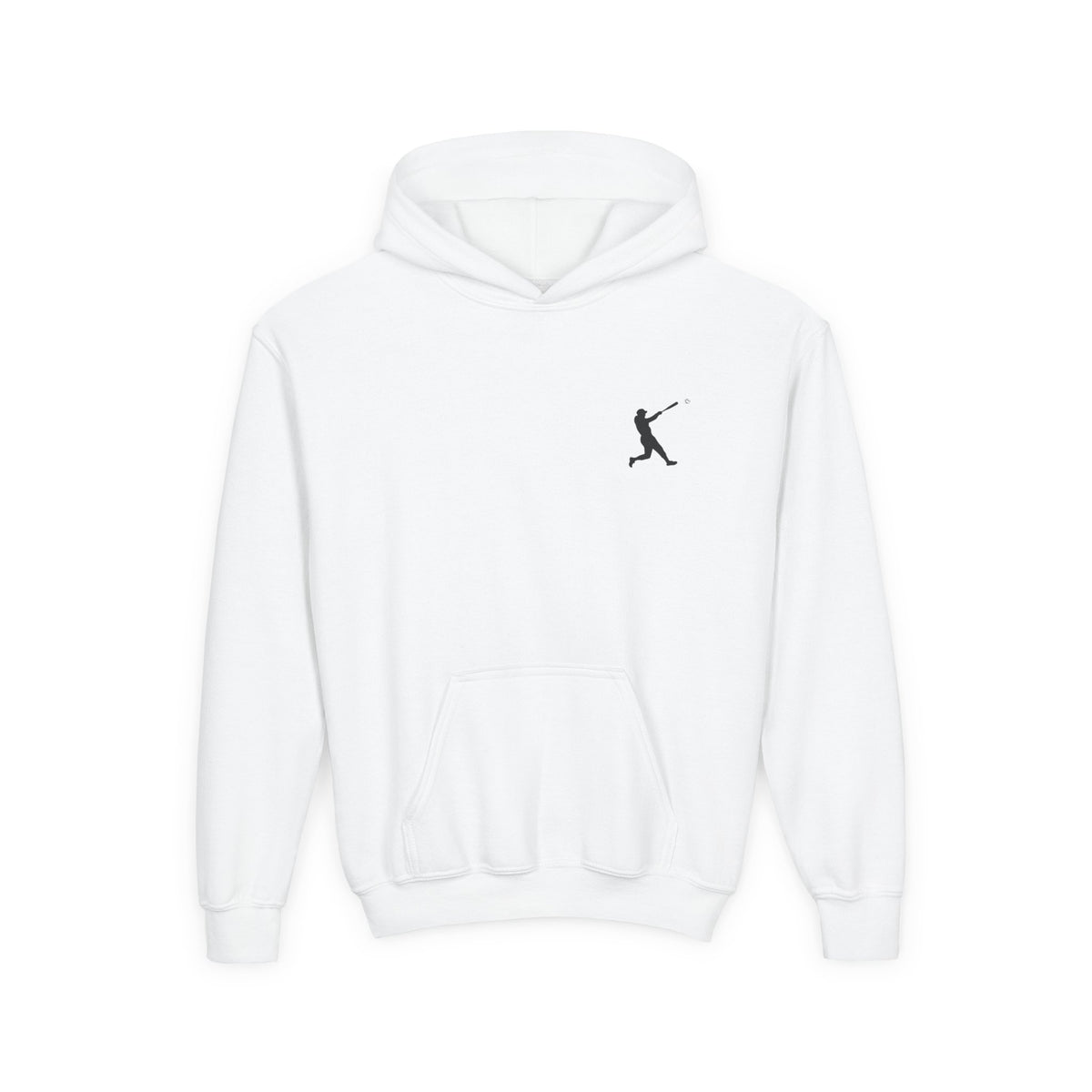 Kids youth baseball silhouette hoodie featuring a baseball player graphic, made by Printify, in a comfortable pullover design.