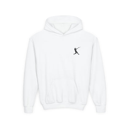 Kids youth baseball silhouette hoodie featuring a baseball player graphic, made by Printify, in a comfortable pullover design.