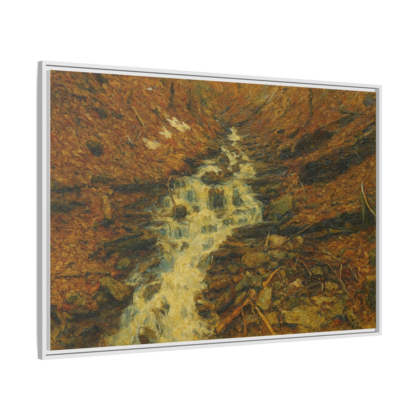 Framed matte canvas print of autumn stream landscape artwork, featuring vibrant fall colors and a serene natural scene.