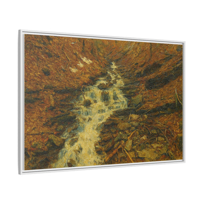 Framed matte canvas print of autumn stream landscape artwork, featuring vibrant fall colors and a serene natural scene.
